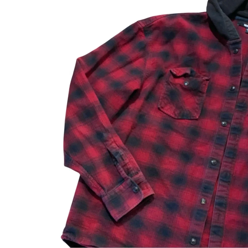 Red Buffalo Plaid Flannel Jacket Hooded Heavy Cotton L Camping Outdoor Grunge